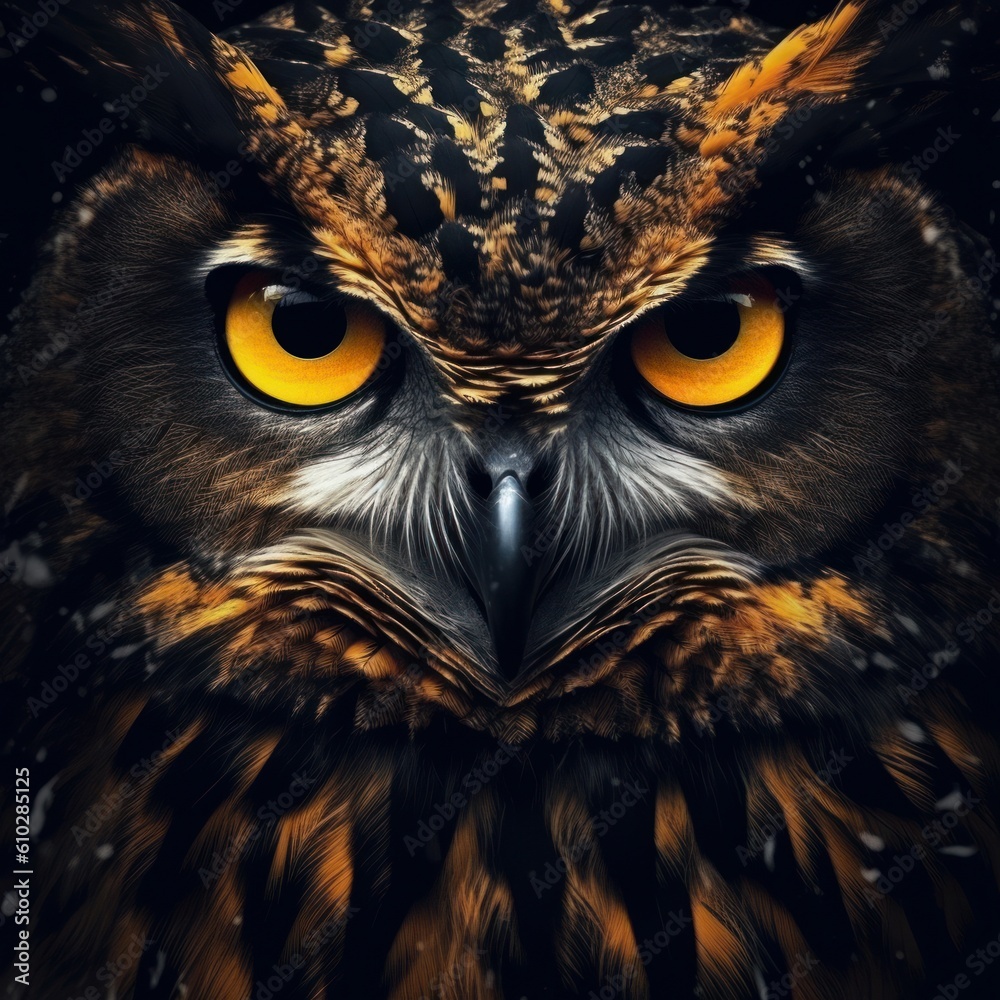 A majestic owl with piercing yellow eyes close-up