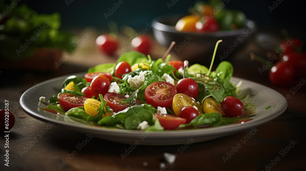 The photo showcases a colorful and appetizing salad plate filled with fresh ingredients. Crisp lettuce forms the base, complemented by juicy tomatoes, crunchy cucumbers, vibrant purple cabbage, and gr The photo showcases a colorful and appetizing salad plate filled with fresh ingredients. Crisp lettuce forms the base, complemented by juicy tomatoes, crunchy cucumbers, vibrant purple cabbage, and gr