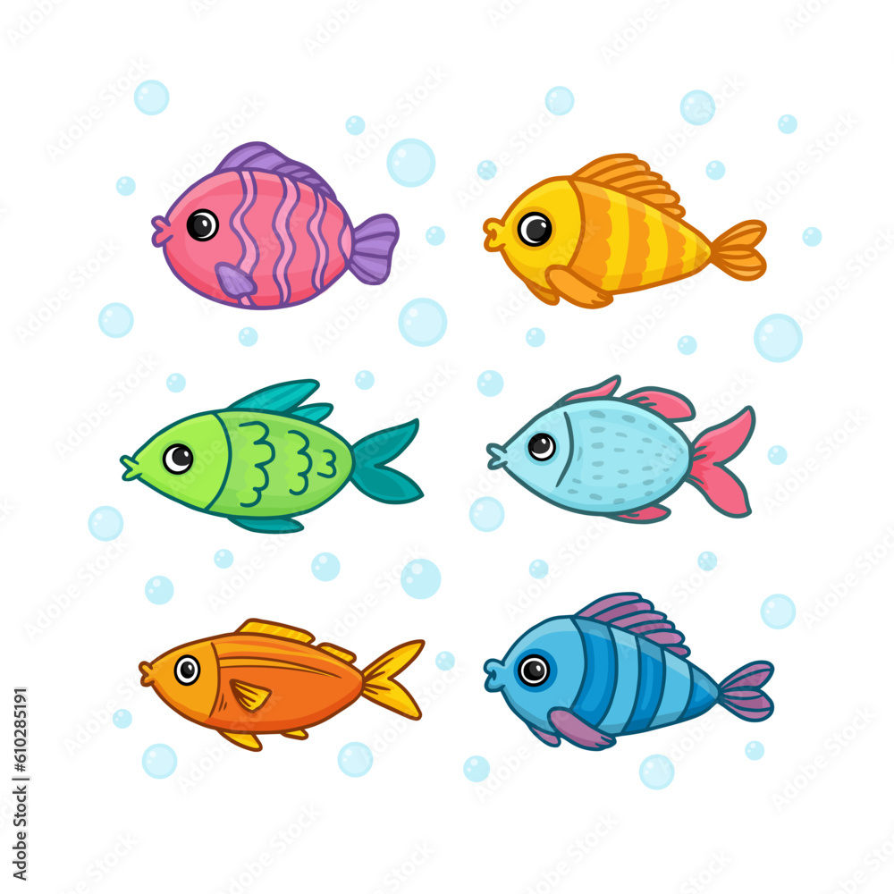 Set of cartoon fishes isolated on white backgrtound.  Colorful fish, design elements. Vector illustration