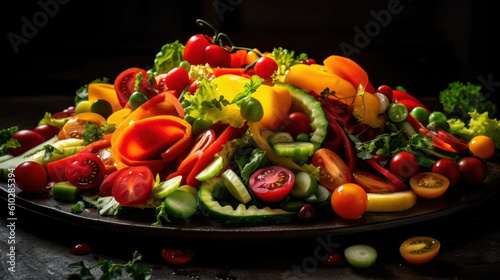 The photo showcases a colorful and appetizing salad plate filled with fresh ingredients. Crisp lettuce forms the base, complemented by juicy tomatoes, crunchy cucumbers, vibrant purple cabbage, and gr