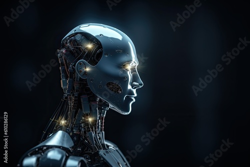 AI(Artificial Intelligence) concept. robot gpt chat technology woman space for text copy space on dark background generative ai
