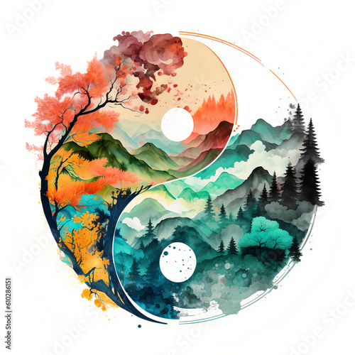 Yin yang symbol colored with water colors and decorated with autumn landscape and green