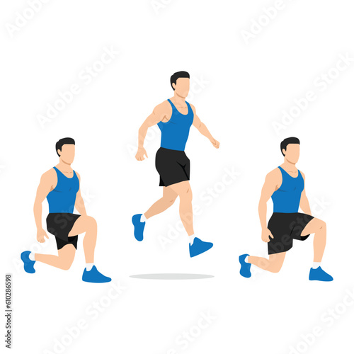 Man doing split alternating squat jumps exercise. Flat vector illustration isolated on white background