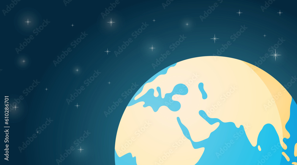 Cartoon shining planet Earth at night among the stars. Vector space horizontal banner or background. Cartoon shining planet Earth at night among the stars. Vector space horizontal banner or background.