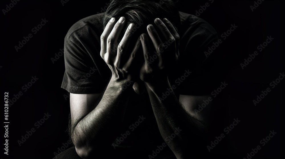 A sad, worried or anxious lonely person with his hands on his head. Depression, mental health concept. Generative AI A sad, worried or anxious lonely person with his hands on his head. Depression, mental health concept. Generative AI