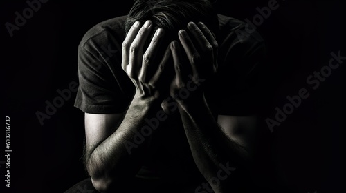 A sad, worried or anxious lonely person with his hands on his head. Depression, mental health concept. Generative AI