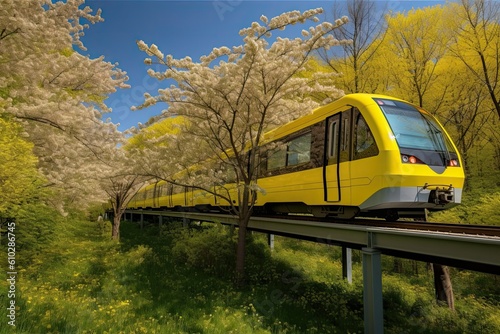 high-speed modern yellow train passes through the trees spring blooming the concept of protecting nature ecology generative ai