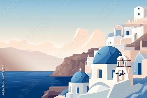 White buildings near sea. Minimalistic flat design landscape poster. Beautiful illustration picture. Generative AI