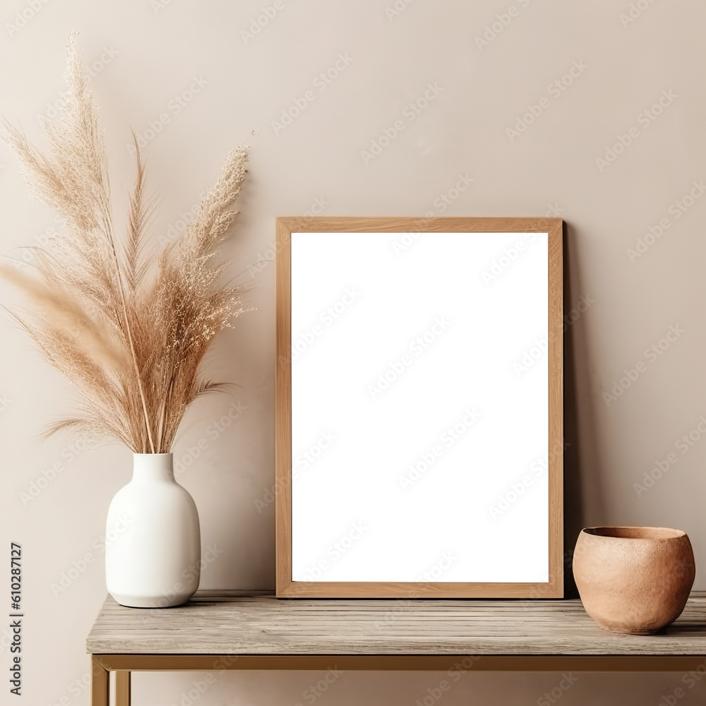 Artwork frame mock-up, minimalist blank empty frame on beige wall, front view, realistic contemporary home interior Generative AI