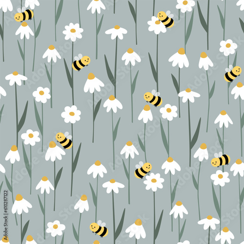 Seamless pattern with daisy flower and flying bees vector illustration. Cute cartoon flower print.