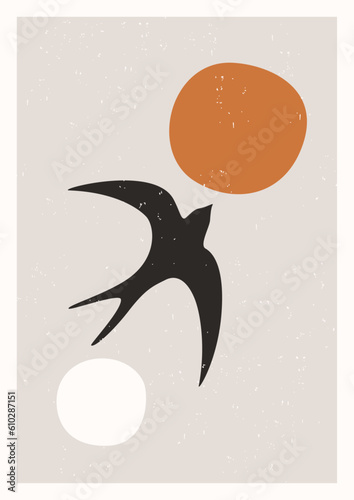 Abstract contemporary posters set. Mid century modern minimalist art print. Boho poster cover. sun, birds. Flat design for book cover, poster, banner, brochure, flyer.