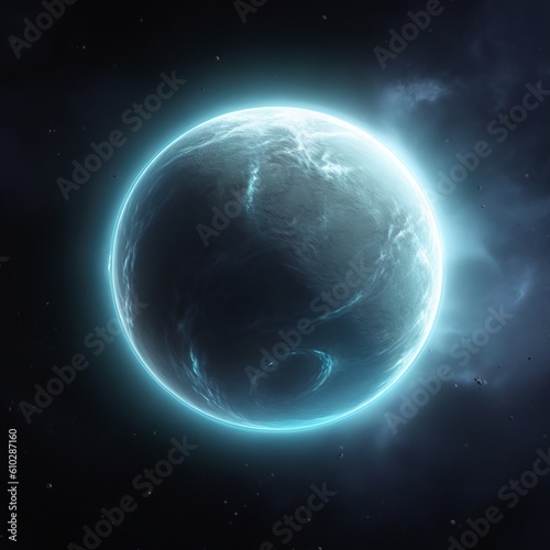 Cold colors. Realistic planet in the space. Beautiful illustration picture. Generative AI