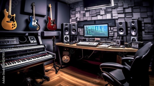 Music recording studio interior. Beautiful illustration picture. Generative AI