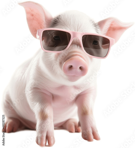 Cute tiny pig wearing sunglasses, no background/transparent background