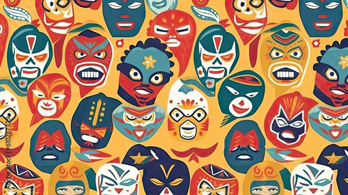 Seamless pattern with Lucha Libre wrestling masks icons set. Vector illustration in flat style. of different ethnicities. Generative AI.