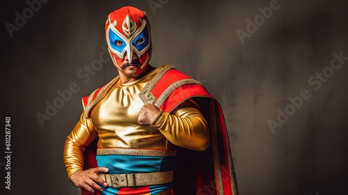 Superhero in a red cape and Lucha Libre wrestling mask on a dark background. Generative AI. photo