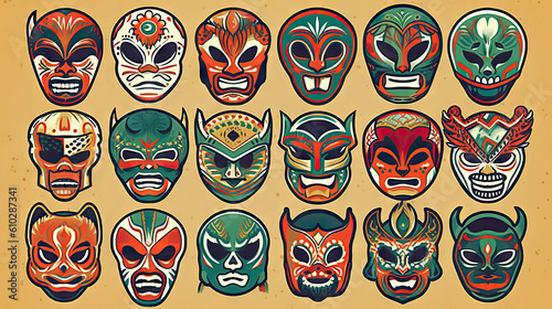 Set of colorful Lucha Libre wrestling mask. Vector illustration. Generative AI.