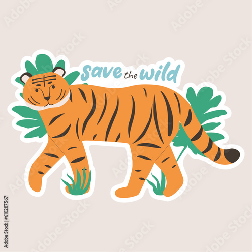 Save the wild sticker. Ecology and protection of endangered species concept. Eco friendly, save the planet concept.
Flat vector illustration 
