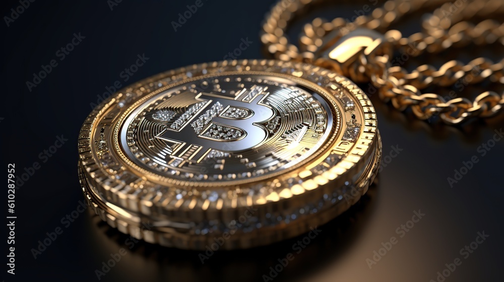 Golden bitcoin with gold chain close-up. Cryptocurrency concept.
Created with generative AI technology.