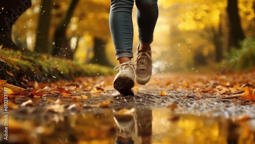 Running practice on autumn leaves, autumn concept. Generative AI.