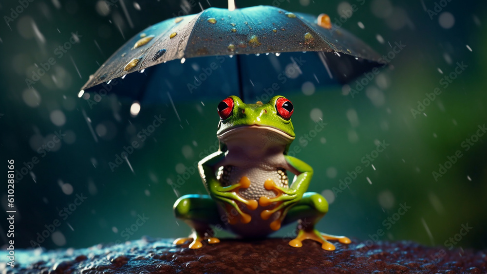 The frog wears an umbrella when it rains with Generative AI. - obrazy, fototapety, plakaty 