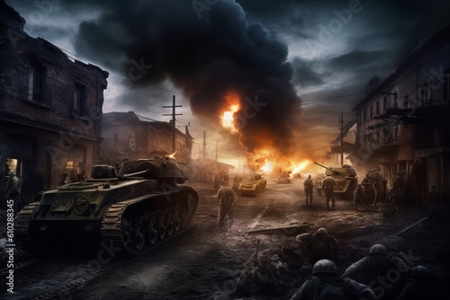 World war two, streets on fire. Beautiful illustration picture. Generative AI