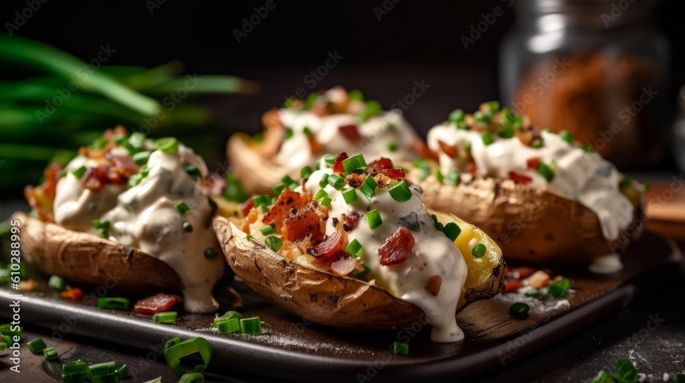 plate of baked potatoes topped with sour cream, chives, and bacon bits