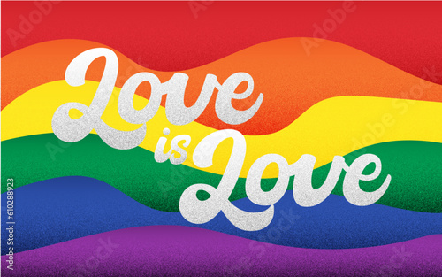Pride Wallpaper With White Letters Love Is Love, Abstract Rainbow Lines With Grainy Effect, Pride Month Rainbow Flag