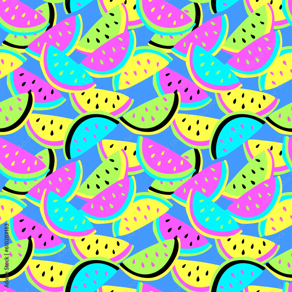 Seamless pattern with watermelon slices in vibrant  neon colors. Abstract fruit vector background