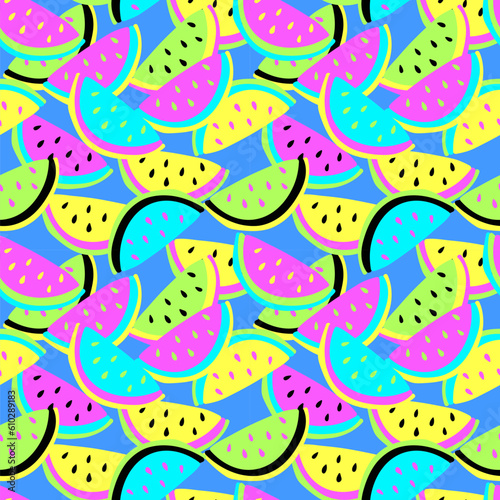 Seamless pattern with watermelon slices in vibrant neon colors. Abstract fruit vector background