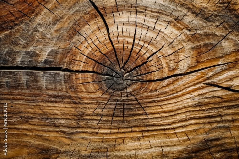 Fototapeta premium Oak wooden background wallpaper, wood texture, flat view of stump cut texture. Generative Ai.