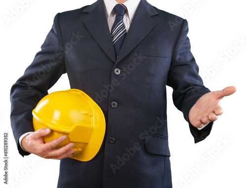 Male architect with yellow helmet showing the greeting gesture.