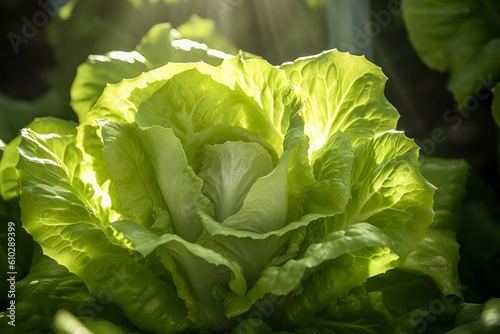 iceberg lettuce growing in a garden with sunlight filtering through the leaves photo