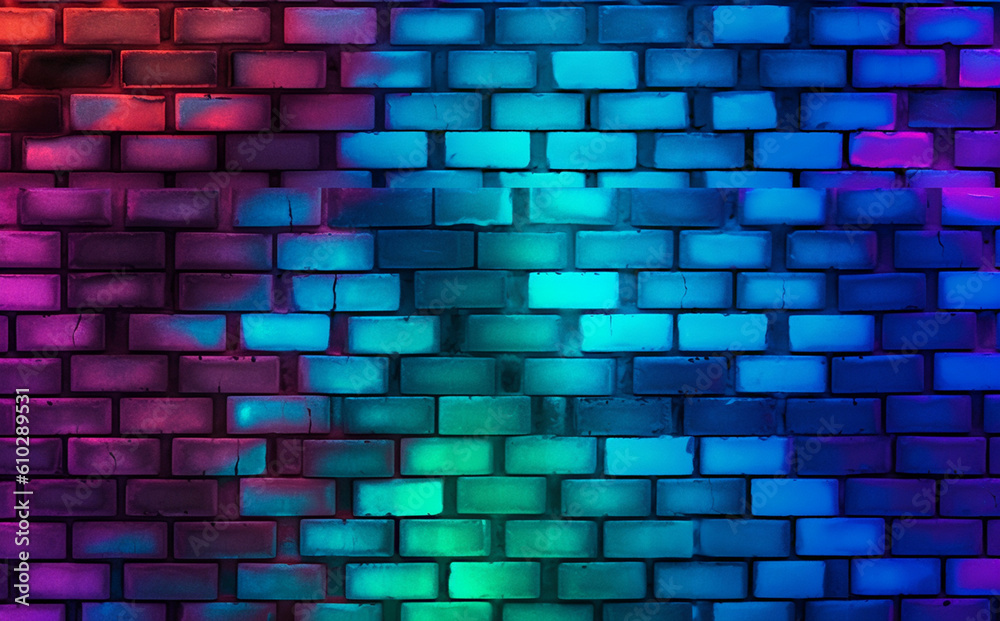 Modern futuristic neon lights on old grunge brick wall room background. generative ai Modern futuristic neon lights on old grunge brick wall room background. generative ai