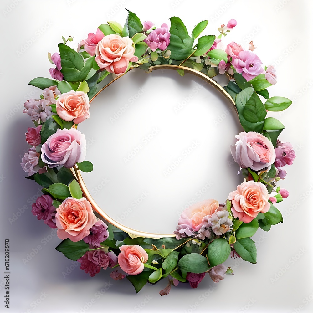 Round frame shape Flower wreath frame made of flowers and leaves, Flat lay. Generative Ai