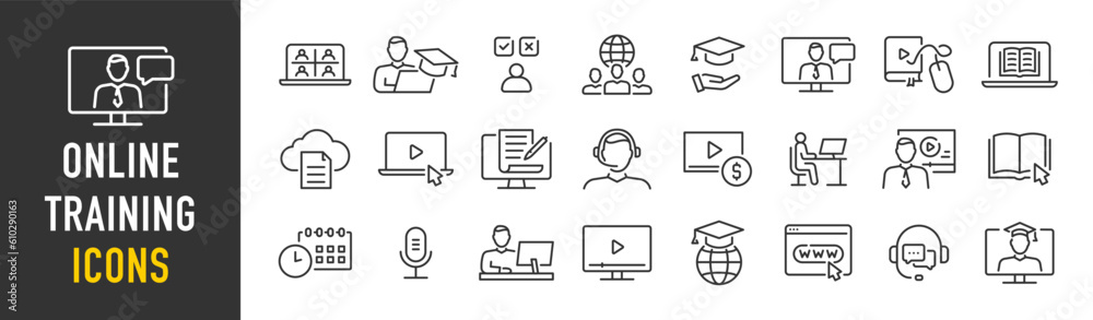 Online Training web icons in line style. Education, seminar, online test, webinar, course, distance learning collection. Vector illustration. Online Training web icons in line style. Education, seminar, online test, webinar, course, distance learning collection. Vector illustration.