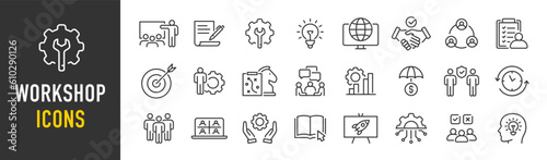 Workshop web icons in line style. Teamwork, training, business, partnership, goals, coaching, collection. Vector illustration.