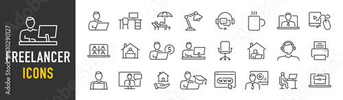 Freelancer web icons in line style. Distant work, conferencing, meeting, work, planning, collection. Vector illustration.