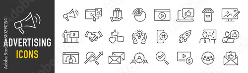 Advertising web icons in line style. Marketing, seo, feedback, analysis, social media, collection. Vector illustration.