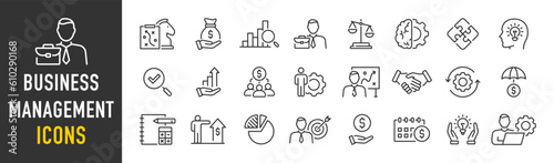 Business Management web icons in line style. Manager, strategy, businessman, partnership, meeting, work group, collection. Vector illustration.