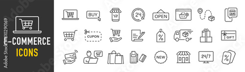E-commerce web icons in line style. Online shopping, delivery, tracking, customer service, price, sale collection. Vector illustration.