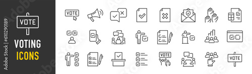 Voting web icons in line style. Vote box, candidates, form, approved, checklist, online, rating, collection. Vector illustration.