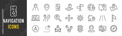 Navigation web icons in line style. Route, location, route map, traffic, pin, collection. Vector illustration.
