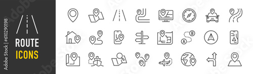 Route web icons in line style. Navigation, location, route map, traffic, pin, collection. Vector illustration. photo