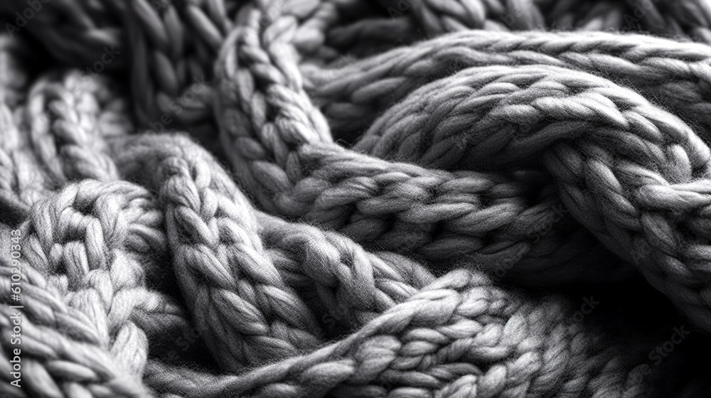 Knitted dark grey background, close up texture, generative AI.