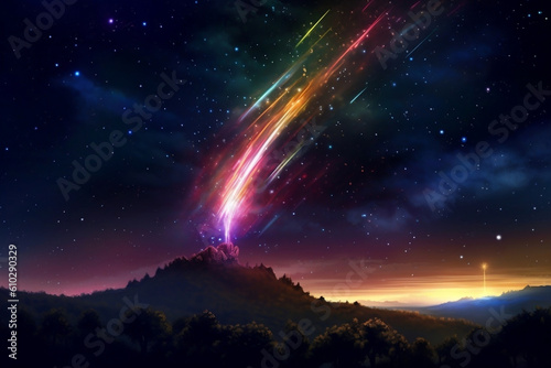 shooting star with trailing lights, outer space environment, multicolor light emerging from a mountain top . Generative Ai