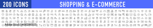 Set of 200 Shopping and E-Commerce web icons in line style. Online shopping, digital marketing, delivery, coupon, shop, discount, bank card, gifts, shop collection. Vector illustration.