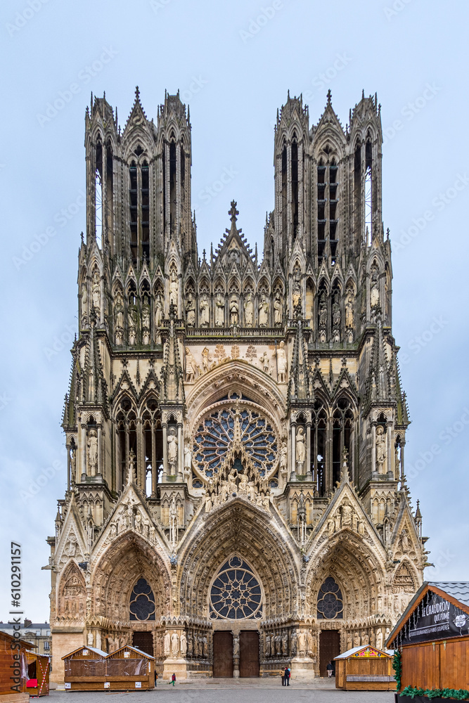 Facade with towers and portals of Reims Cathedral, France