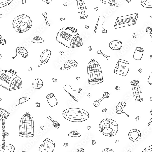 Seamless Pattern Pet store doodle, a set of icons of goods for the animal store. Vector illustration.