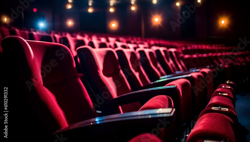 Auditorium theater with empty red chairs, red cinema seating, vintage style. Generative AI.